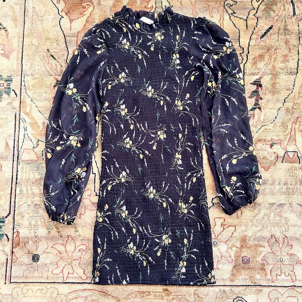Floral O Vianca Mini Dress Black Smocked Bodycon bodice Sheer Sleeves Sz S